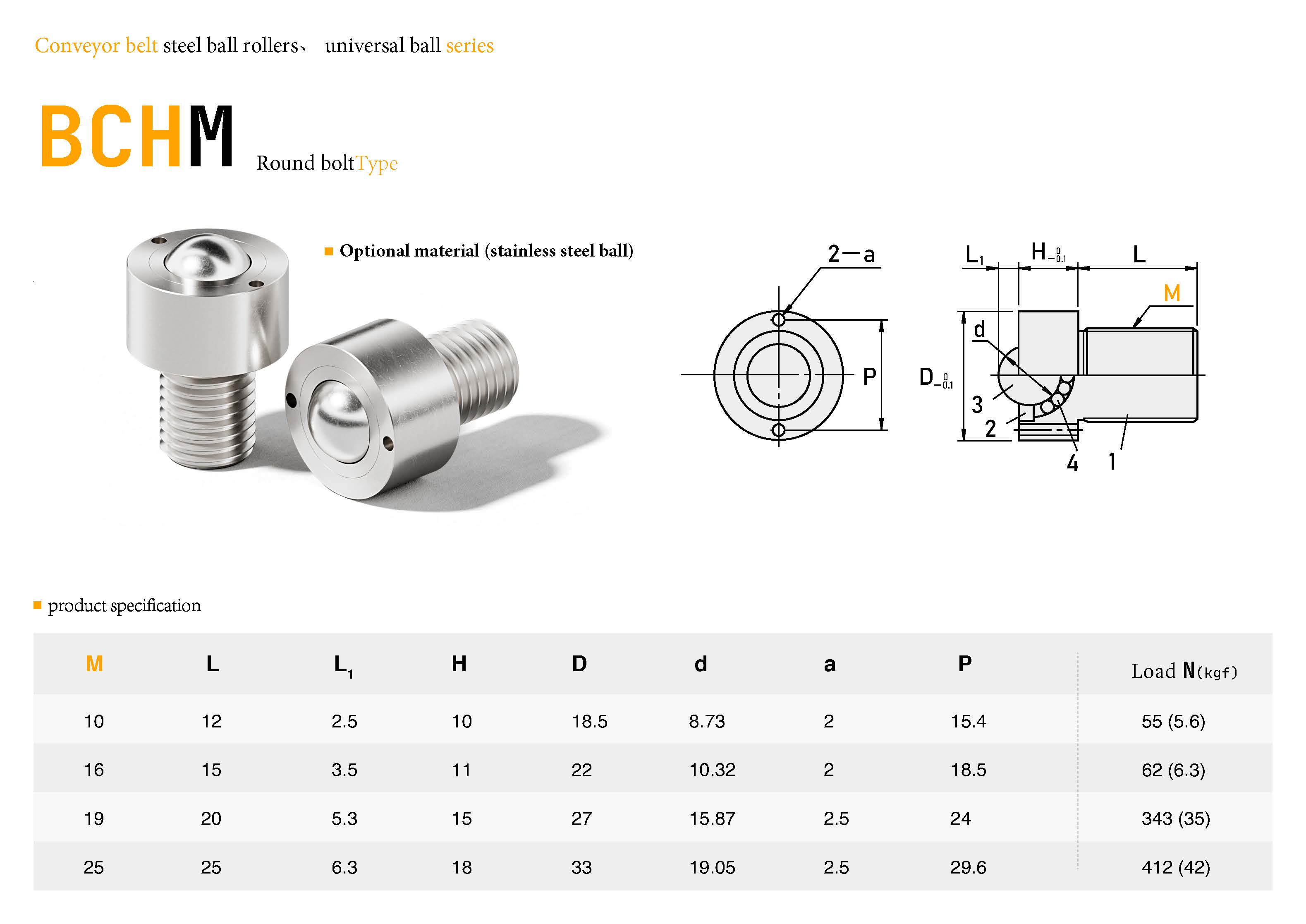 BCHM Ball Transfer Unit | Round Head Stud Mount | 304 Stainless Steel | JDF BCHM Ball Transfer Unit | Round Head Stud Mount | 304 Stainless Steel | JDF