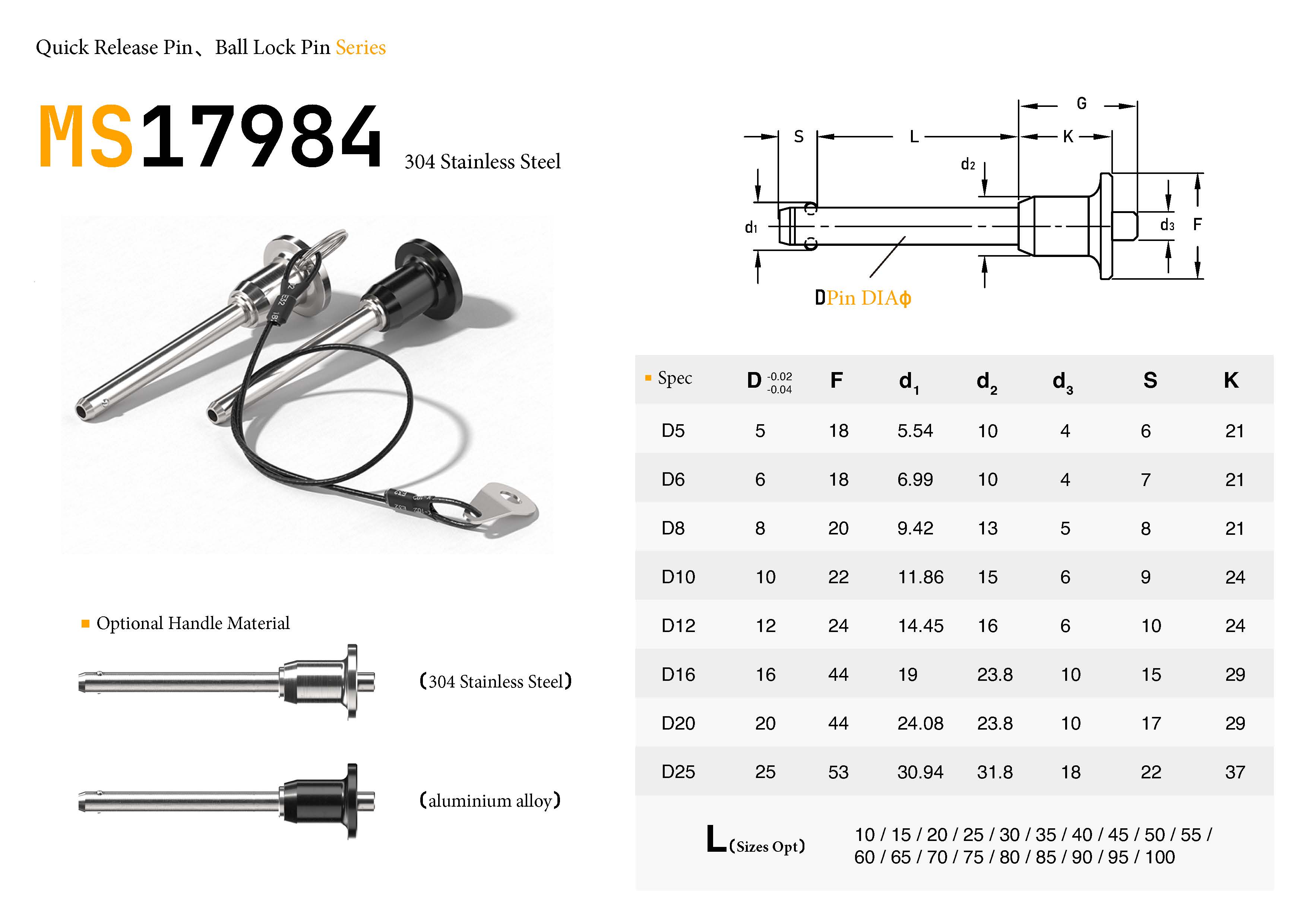 MS17984 Quick Release Ball Lock Pin | Button Handle | NAS1333-1343 Standard | JDF MS17984 Quick Release Ball Lock Pin | Button Handle | NAS1333-1343 Standard | JDF